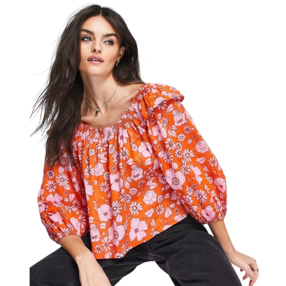 Free People Miss Daisy Floral Printed Pull On Off The Shoulder Smock blouse